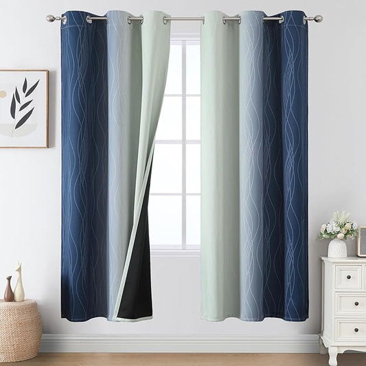 Estelar Textiler Navy Blue and Sage Green Ombre Blackout Curtains 72 Inches Long 2 Panels, Full Room Darkening Grommet Curtains for Bedroom, Thermal Insulated Light Blocking Gradient Drapes, 42Wx72L
