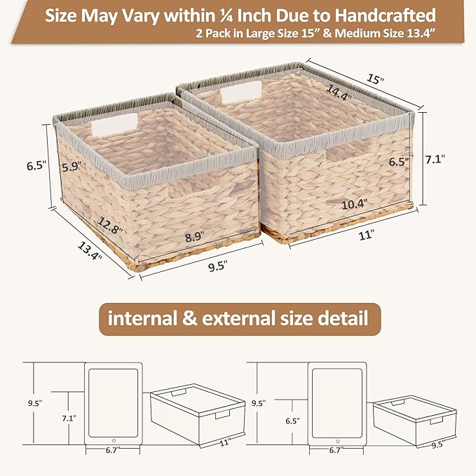 Wicker Baskets for Storage 2 Pack, Water Hyacinth Storage Baskets with Built-in Handles, Large Wicker Storage Baskets for Shelves & Organizing, Natural with Grey, Size L & M