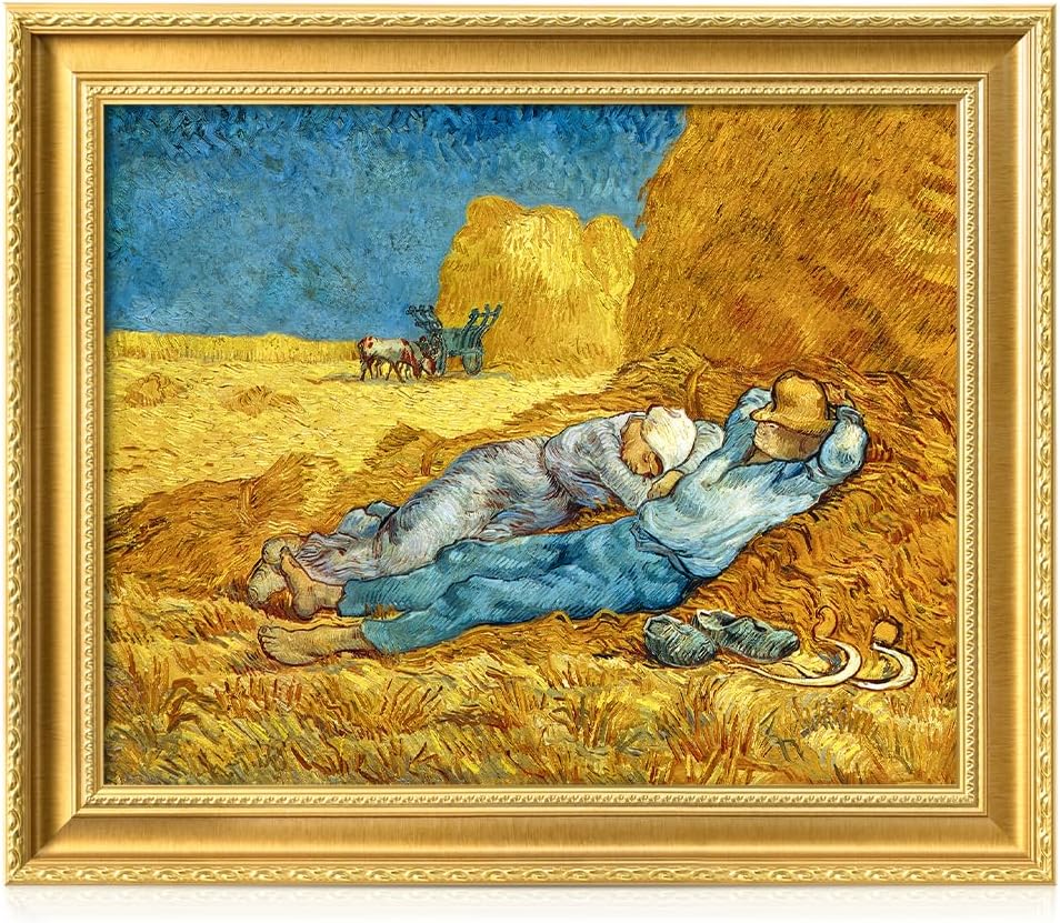DECORARTS - Noon: Rest from Work by Vincent Van Gogh. Giclee Print on Acid-Free Canvas in Gold Solid Wood Frame. Picture Size: 20x16, Total Size: 24.75x20.75, Made in USA