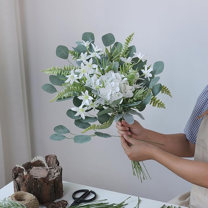 FOTEEWL 70 Pcs Artificial Greenery Stems Box Set,with 7 Kinds of Faux Plants and Fake Flowers for DIY Bridal Bouquets Wedding Floral Arrangement Table Centerpieces Decoration (Sage Green & Beige)