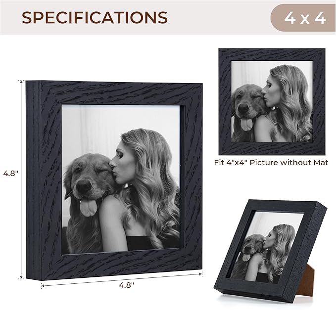 4x4 Black Picture Frames Set of 4, 4"x4" Solid Oak Wood Frame with Real Glass, 4 x 4 Photo Frames with Stand, 4x4 Wood Frames for Wall, Rustic 4 by 4 Picture Frame