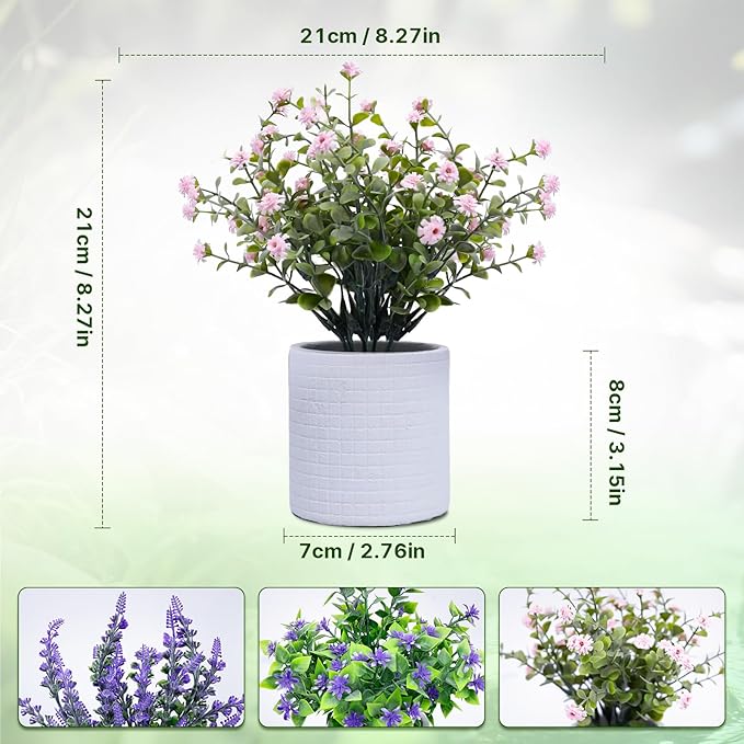 FGSAEOR Mini Potted Fake Plants, Small Artificial Greenery Realistic Plants Topiaries, Low Maintenance, for Home Office Shelf Desk Farmhouse Room Coffee Table Decor (3-Pack) (Purple Pink)