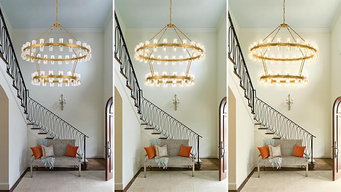 48 Inch Gold Wagon Wheel Chandelier with Crystal Shade, 2 Tier 80 Lights, Modern Farmhouse Style, Ideal for Dining Room, Kitchen, Entryways