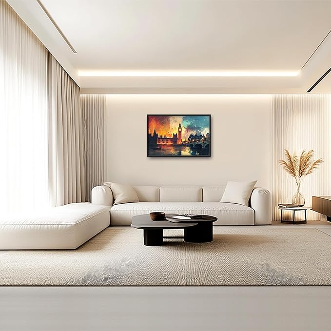 London Big Ben Framed Wall Art for Living Room, Large Cityscape Canvas Wall Decor, Bridge Pictures Painting, Natural Landscape Modern Artwork for Bathroom Bedroom 36L'' × 24W''