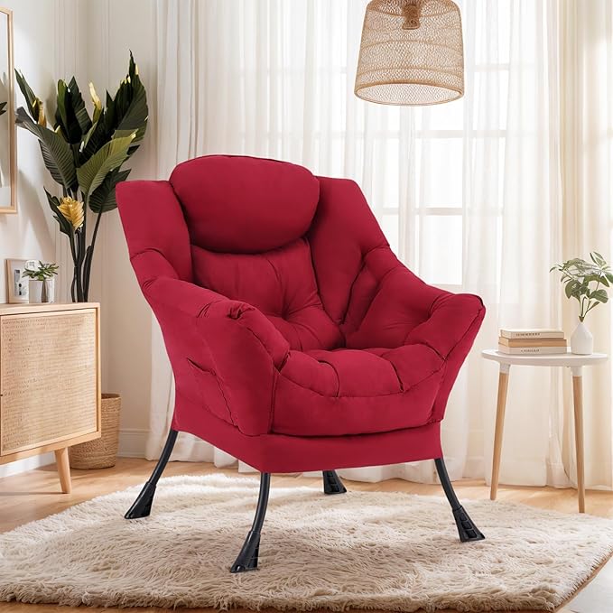 Lazy Chair for Living Room, Modern Accent Chairs with Armrests, Comfy Lounge Chair with Side Pocket, Cozy Lazy Sofa for Reading, Balcony, Bedroom, Dorm, Small Spaces (Burgundy)