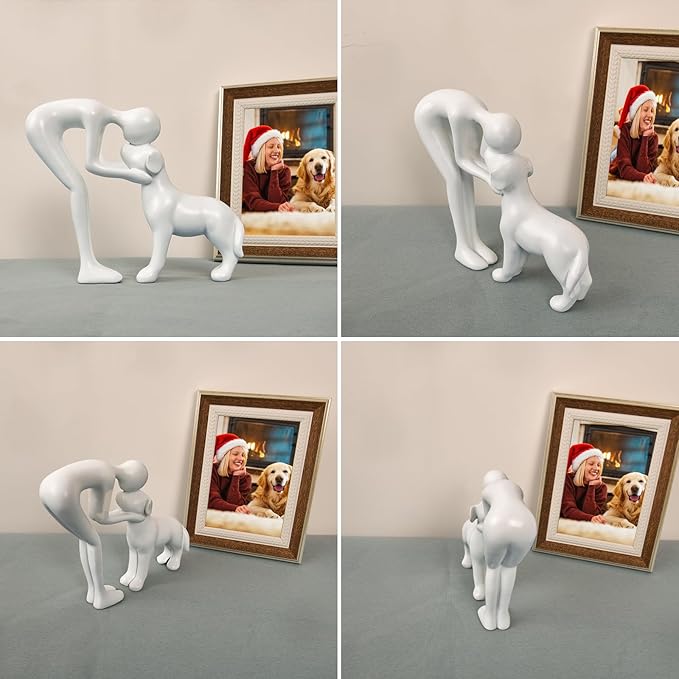 Dog Sculpture Home Decor Cute Man and Dog Statue Decoration for Office、Living Room、Bedroom、Home， Memory Gifts for Pet Lovers (White)