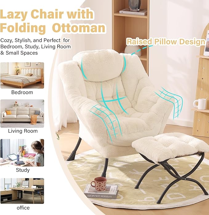 Lazy Chair with Ottoman, Modern Chair with Folding Footrest, Lounge Accent Chair, Comfortable Reading Chair for Bedroom, Study, Living Room, Courtyard (Plush Beige)