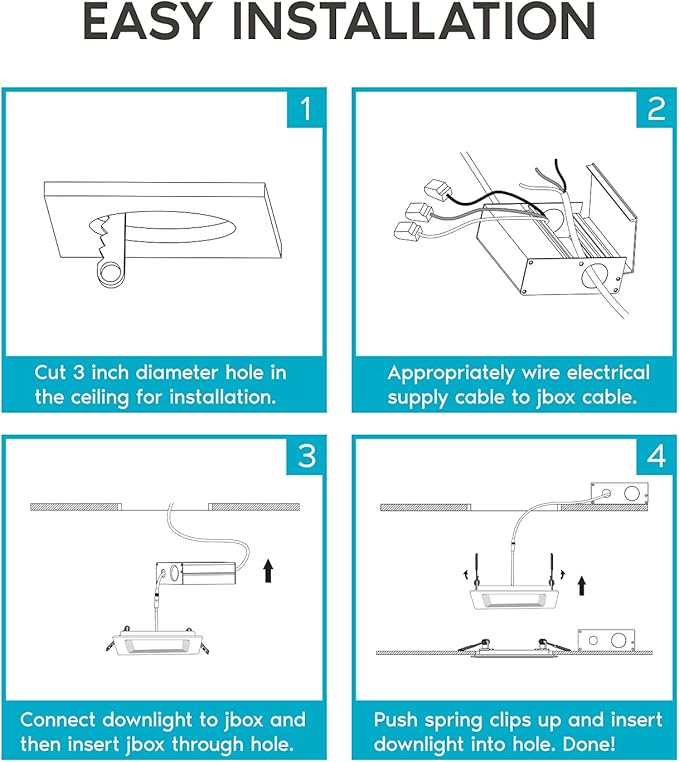 LUXRITE 3 Inch Square Ultra Thin LED Recessed Light with Junction Box, 8W, CCT Color Selectable 2700K | 3000K | 3500K | 4000K | 5000K, Dimmable Wafer Light, 540 Lumens, Energy Star, IC Rated (6 Pack)