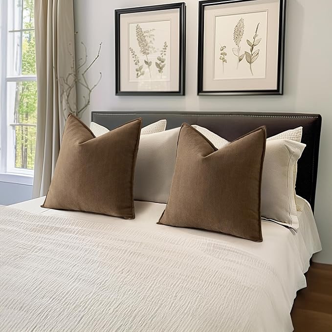 MIULEE Pack of 2 Dark Brwon Decorative Pillow Covers 22x22 Inch Soft Chenille Luxurious Couch Throw Pillows Farmhouse Cushion Covers Euro Shams with Elegant Design for Sofa Bed Living Room Home Decor