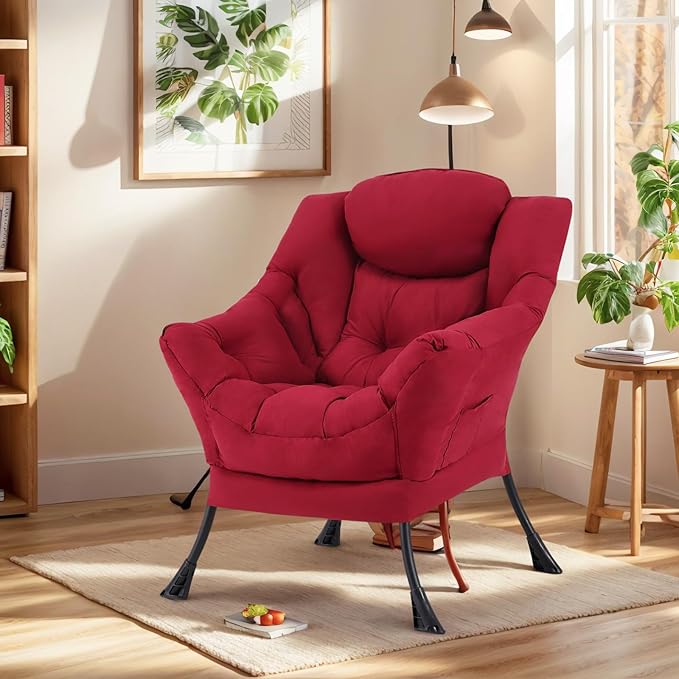 Lazy Chair for Living Room, Modern Accent Chairs with Armrests, Comfy Lounge Chair with Side Pocket, Cozy Lazy Sofa for Reading, Balcony, Bedroom, Dorm, Small Spaces (Burgundy)