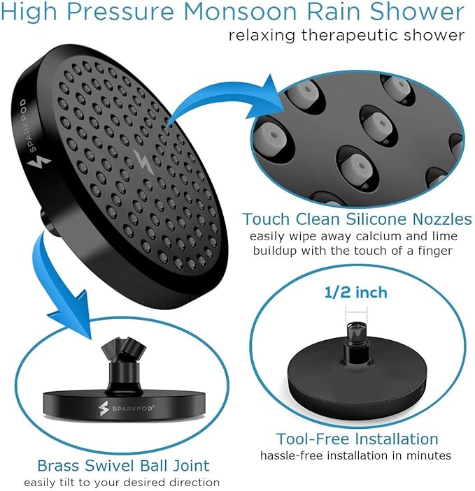 SparkPod Shower Head - High Pressure Rain - Premium Quality Luxury Design - 1-Min Install - Easy Clean Adjustable Replacement for Your Bathroom Shower Heads (Midnight Black Matte, 6 Inch Round)