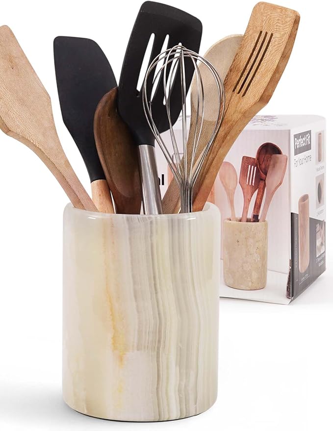 Marble Utensil Holder 6.5 Inch White Onyx Stone Cooking Utensil Crock for Countertop Storage, Modern Utensils Caddy, Spoon & Spatula Organizer for Farmhouse Kitchen Decor