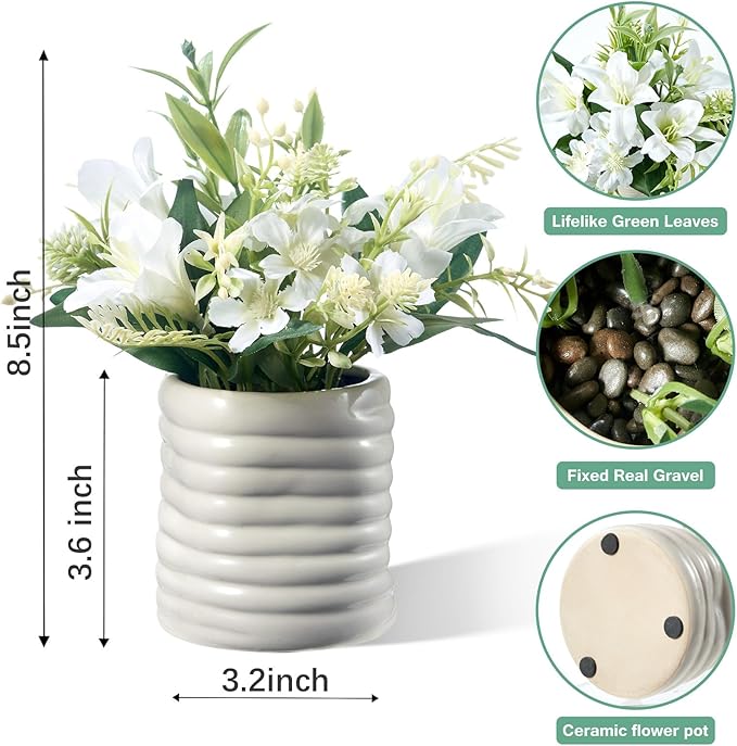 Small Fake Plants Potted Artificial Plants Indoor with Ceramic Pot Mini Faux Plants Artificial Greenery Flowers for Bedroom Bathroom Plants Home Office Room Coffee Table Decor(Lilies)