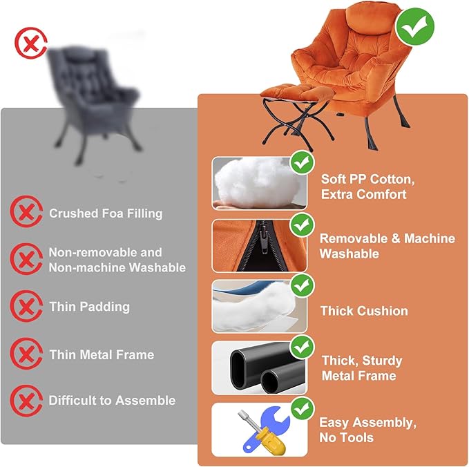 Lazy Chair with Ottoman, Modern Chair with Folding Footrest, Lounge Accent Chair, Comfortable Reading Chair, Oversized Armchairs for Bedroom, Study, Living Room, Courtyard (Velvet Orange)