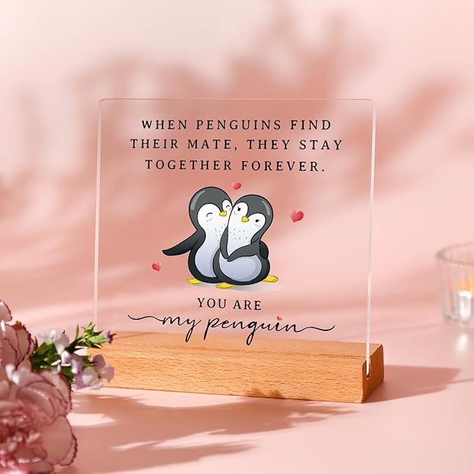 SteadStyle Gifts for Him Her Boyfriend Girlfriend, Romantic Acrylic Plaque Penguin Present, Wedding Anniversary Birthday Gifts for Women Men, Christmas I Love You Gift for Couples Wife Husband