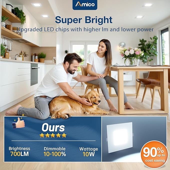 Amico 6 Pack 4 Inch Ultra-Thin LED Square Recessed Light with Junction Box, 5CCT 2700K/3000K/3500K/4000K/5000K Selectable, 700LM Brightness, Dimmable Canless Wafer Downlight, 10W, ETL&FCC