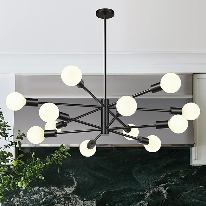 33" Modern Chandelier Ceiling Light Fixture, 12-Light Sputnik Chandeliers Matte Black Mid Century Chandelier Over Table, Height Adjustable Chandeliers for Dining Room Living Room Kitchen Island