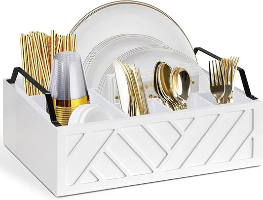 Paper Plate Dispenser and Holder for Kitchen Counter, Wood Rustic Silverware Utensil Caddy, Cutlery Flatware Organizer Box for Cups Spoons Forks Napkins, Kitchen Accessories (White)