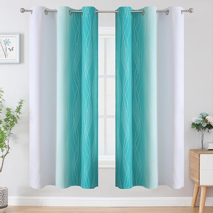 Estelar Textiler Teal and Greyish White Ombre Blackout Curtains 72 Inches Length for Bedroom, Thermal Insulated Light Blocking Grommet Gradient Blackout Drapes for Living Room, 42Wx72L, 2 Panels