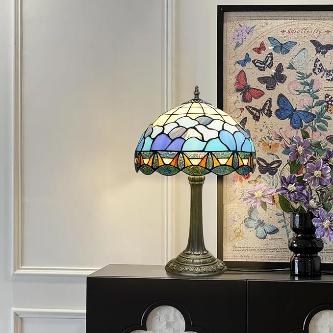 Tiffany Lamp 12 Inch Stained Glass Lamp Blue And White Sea Wave Tiffany Style Vintage Reading Bedside Lamp Can Be Used For Bedroom Dormitory Living Room Warm Atmosphere Retro Home Decoration Gifts
