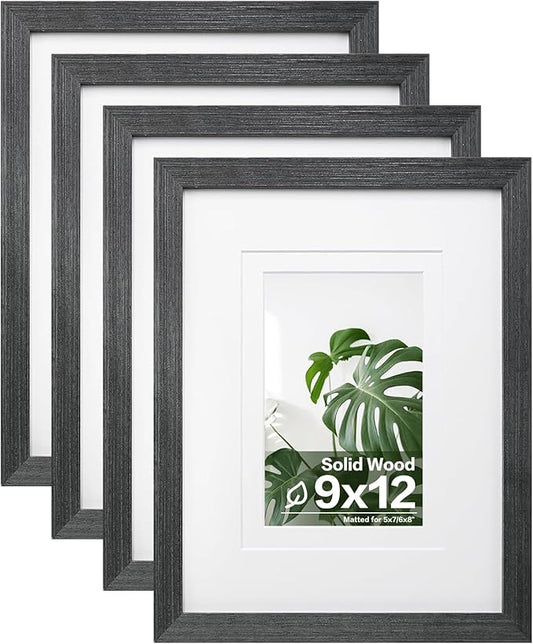 Egofine 9x12 Picture Frames Set of 4, Made of Solid Wood Covered by Plexiglass 5x7 and 6x8 with Mat or 9x12 without Mat, for Table Top Display and Wall Mounting Photo Frame Rustic Black