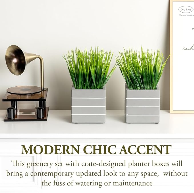 MyGift 9 Inch Tall Mini Artificial Green Grass Plants in Ribbed Gray Concrete Cube Planters, Tabletop Faux Greenery Square Cement Pots Centerpiece Décor, Set of 2
