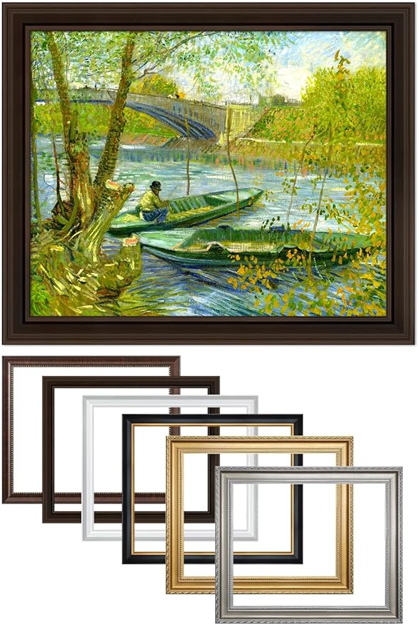 DECORARTS - Fishermen And Boats From The Pont De Clichy - Vincent Van Gogh Giclee Prints w/Antique Brown Frame for Wall Decor. Picture Size: 20x16, Total Size w/Frame: 23x19