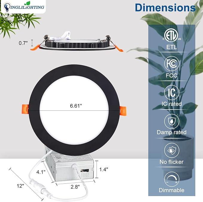 DLLT LED Recessed Ceiling Lights: Black 12 Pack 8 Inch 5CCT Ultra-Thin Lighting with Junction Box for Bedroom - 1800LM Brightness 18W Eqv 170W Dimmable Canless Wafer Downlight with ETL&FCC