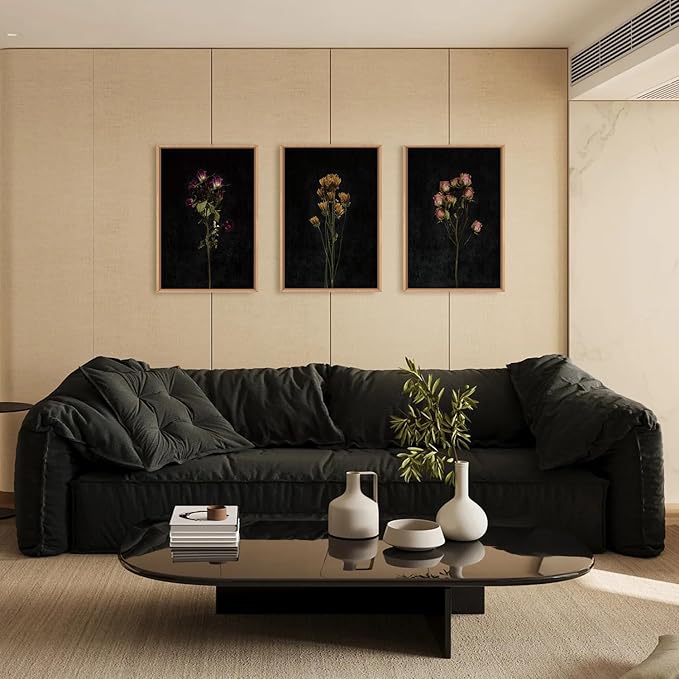 KAIRNE Dark Moody flower Framed Canvas Wall Art Set, Minimalist Black Wildflower Wall Decor, Vintage Botanical Floral Wall Painting, Nature Plant Art Prints for Living Room, Bedroom, Office 24"x36"x3