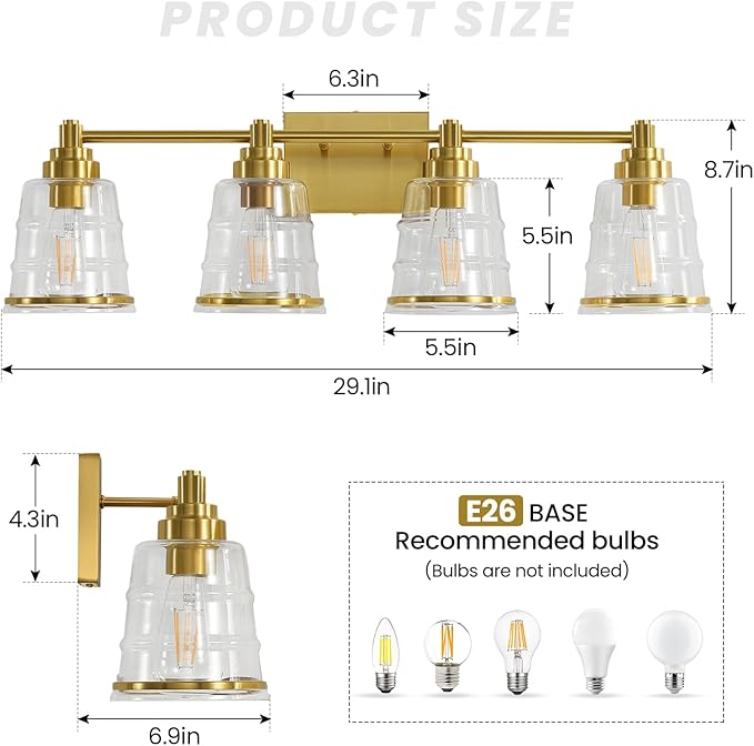 Gold Bathroom Vanity Light Fixture, 4 Light Bathroom Light Fixtures Over Mirror with Clear Glass Shade and Metal Base Wall Sconce, 29.1inch Modern Vanity Light for Bathroom(Exclude E26 Bulb)