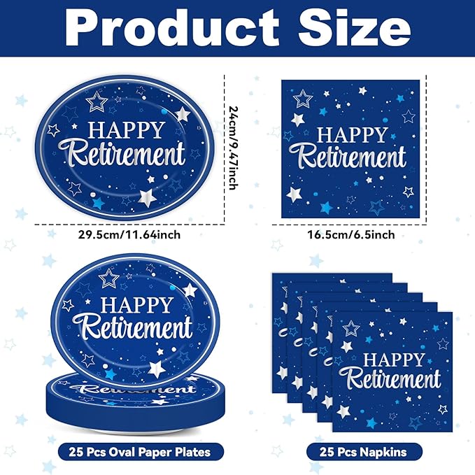 Happy Retirement Party Oval Paper Plates 11inch Blue Silver Retirement Plates and Napkins, Retired Decoration Favor Dish Tray for Women Men Retired Supplies Graduations Tableware, 25 Guest