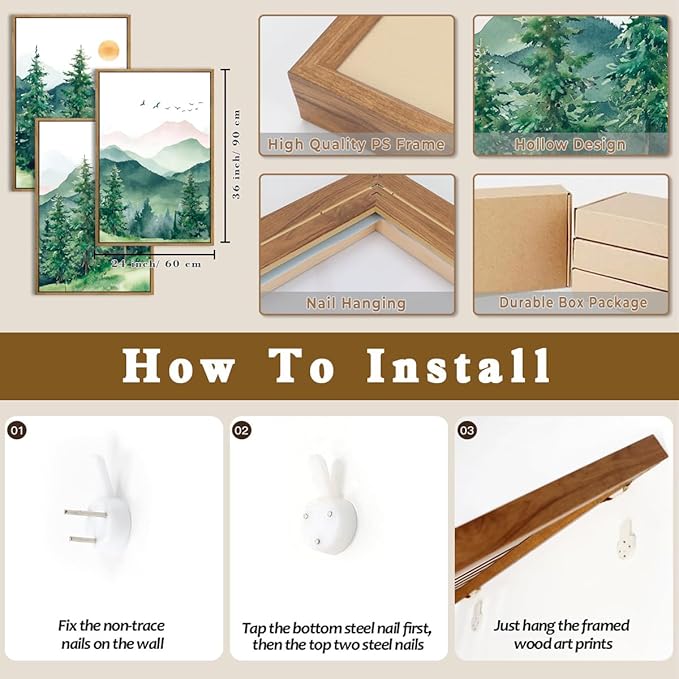 ANHUIB Extra Large Forest Wall Art Green Mountain Wall Decor Set of 3 for Living Room Bedroom Dining Room 24x36 Inch