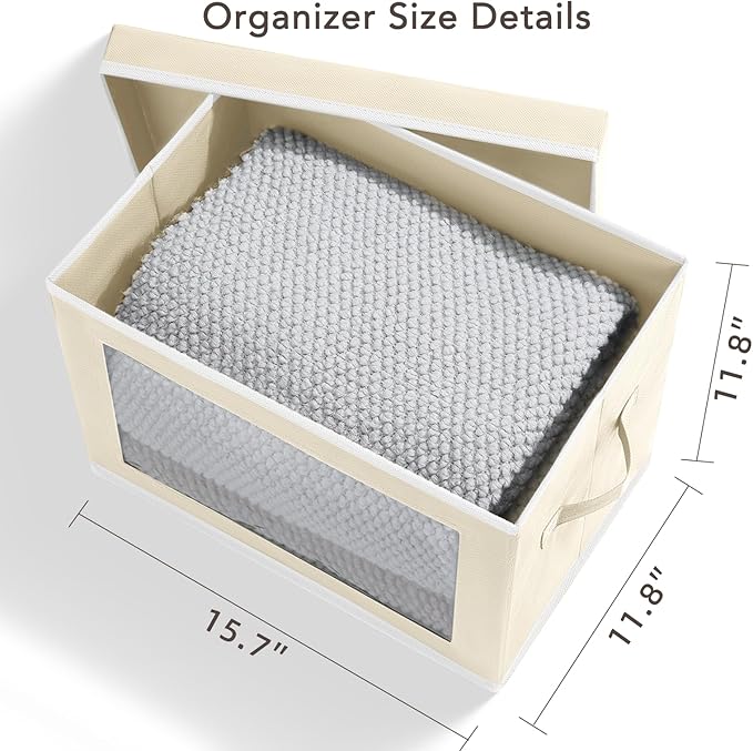 Storage Boxes with Lids - 4 Pack Fabric Clear Window Storage Bins, Large Decorative Storage Bins with Handles, Linen Closet Organizer for Clothes, Towel, Blanket, Beige