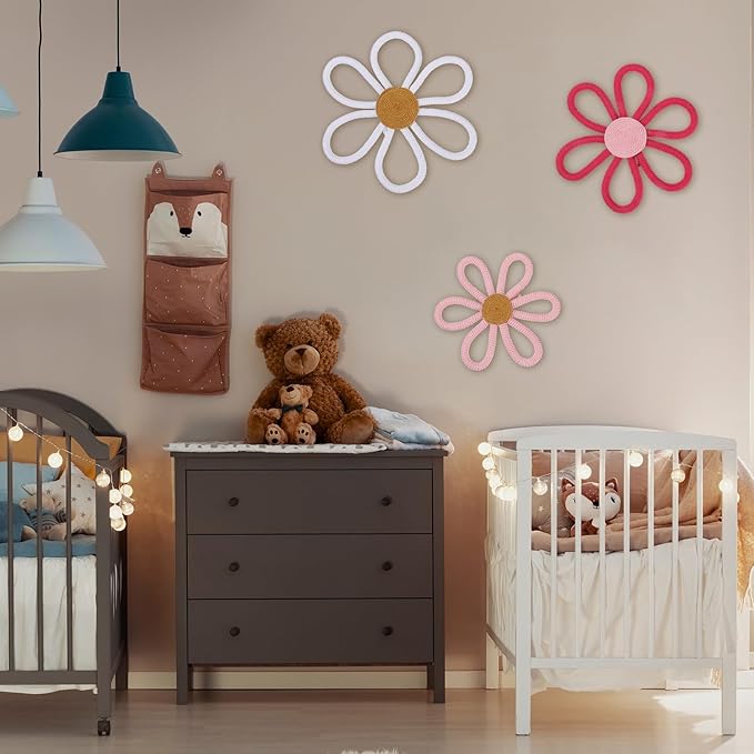 Barydat 6 Pcs Boho Nursery Decor Daisy Flower Woven Macrame Wall Hanging 3 Size Daisy Flower Wall Decor Bohemian Nursery Decorations for Home Dorm Art(Fresh Color)