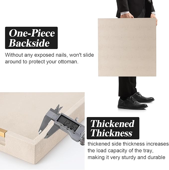 Beige Faux Leather Serving Tray with Handles – Large Decorative Tray for Coffee Table, Ottoman, Living Room, Bathroom – Home Decor