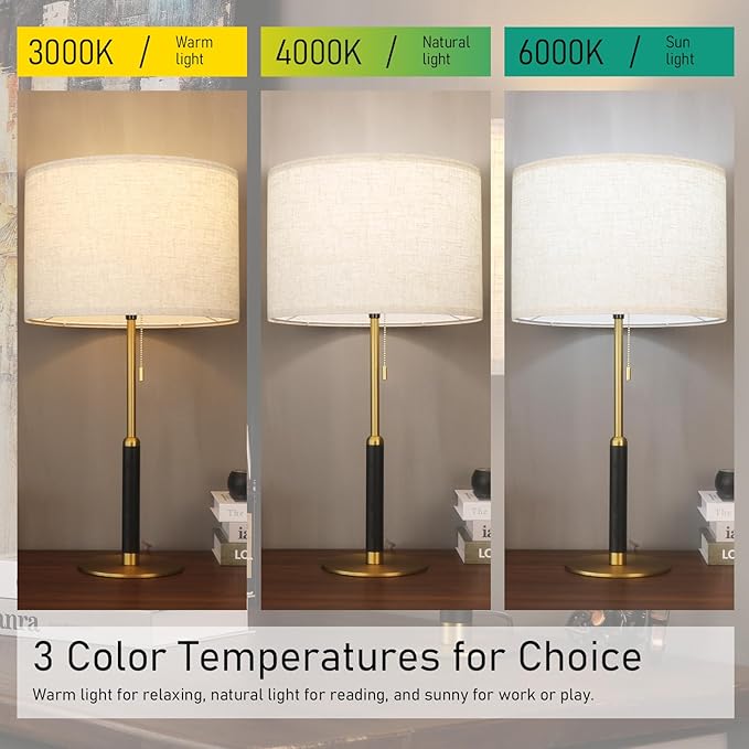 26.4" Set of 2 Modern Living Room Table Lamp for End Tables Bedside Lamps for Bedroom 3-Color Temperatures Pull Chain Switch Lamp Wood Fabric for Home/Office/Desk Decor (Light Brown+Brass)