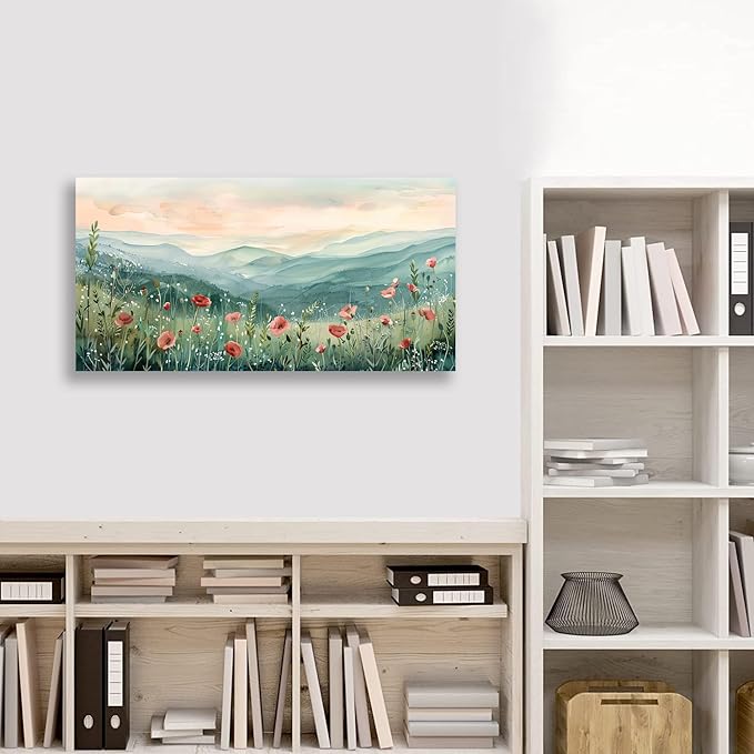 Tucai Decor Floral Landscape Canvas Wall Art 30 x 58 inches Poppies in Mountain Valley Home Decor Art Prints for Living Room Bedroom Office Ready to Hang