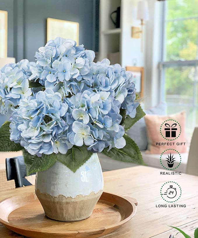 Blue Hydrangea Artificial Flowers Large Artificial Hydrangeas Silk Flowers for Home Decor Indoor Wedding Flowers Bouquets Faux Flowers Kitchen Centerpiece Table Decorations