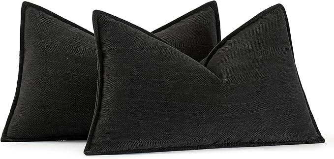 MIULEE Pack of 2 Black Decorative Lumbar Pillow Covers 12x20 Inch Soft Chenille Luxurious Couch Throw Pillows Farmhouse Cushion Covers with Elegant Design for Sofa Bedroom Living Room Home Decor