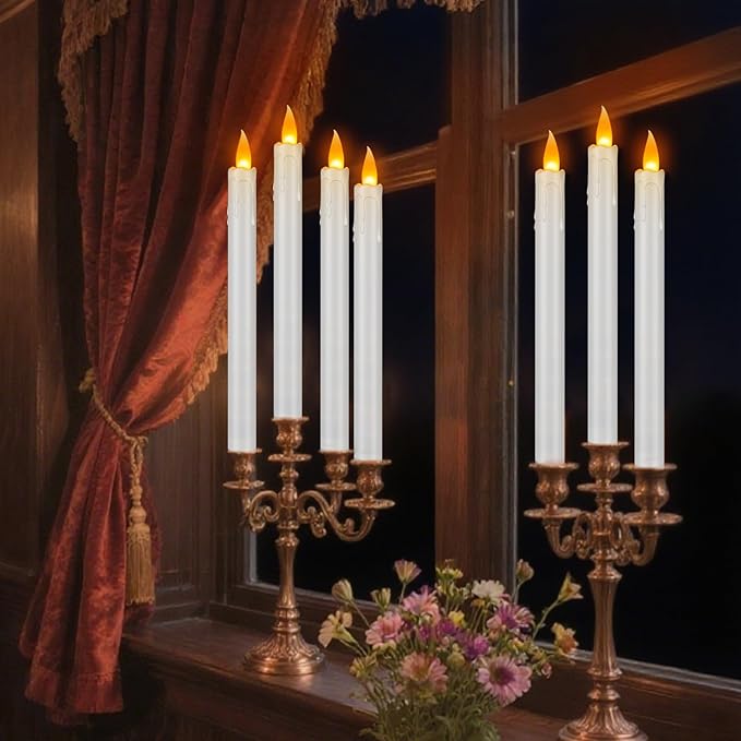 12 Pcs Flickering Flameless Taper Candles, 10" Fake Taper Candles Battery Operated with Timer, Long Lasting-White Electric Led Candlesticks for Xmas Halloween Wedding Home Décor