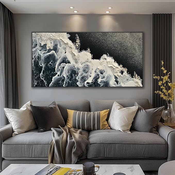 Wall Art Abstract Seascape Artwork Ocean Waves Art Sea Landscape Painting Blue,Black and White for Living Room Bedroom Dining Room Home Office Decor Large Framed Ready to Hang 24"x48"