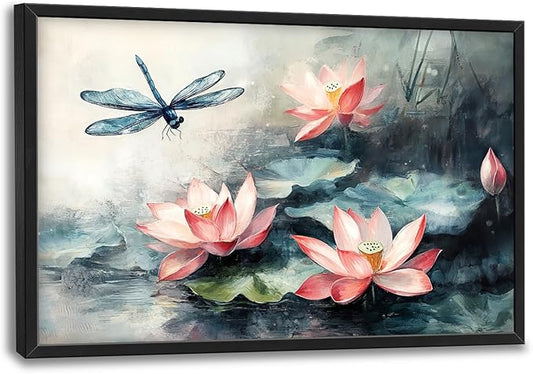 Framed Large Wall Art for Living Room, Lotus Dragonfly Canvas Wall Decor, Floral Zen Pictures Painting, Modern Landscape Artwork for Bedroom Office 36L'' × 24W''