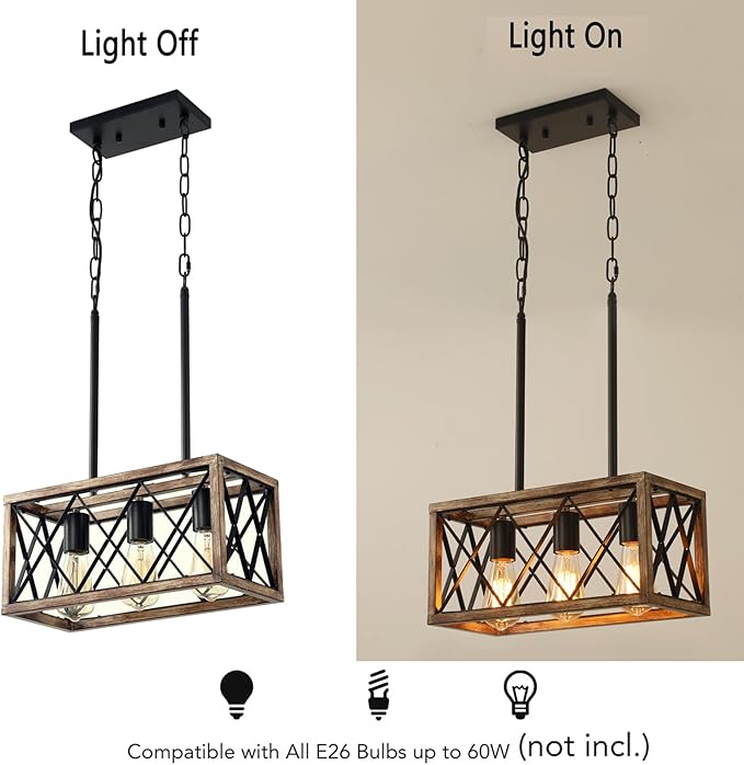 Farmhouse Light Fixtures,3-Light Dining Room Light Fixture,Industrial Metal Kitchen Pendant Lighting Over Island, Chandelier for Dining Table Kitchen Sink, Wood Grain Finish.