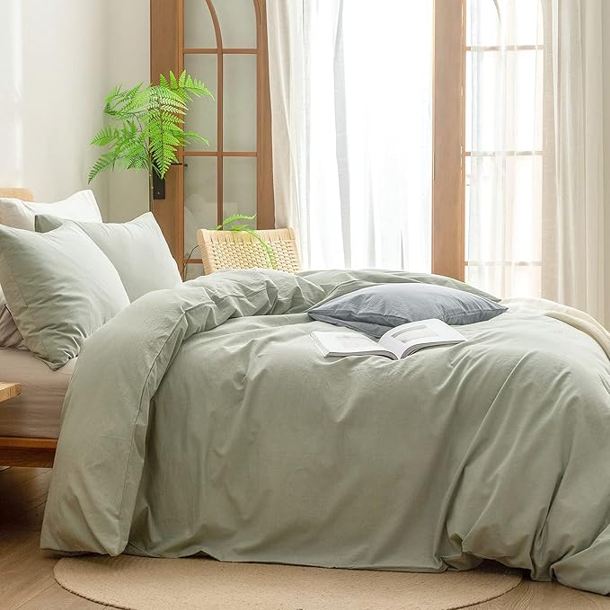 BESTOUCH Duvet Cover Set 100% Washed Cotton Linen Feel Super Soft Comfortable Chic Lightweight 3 PCs Home Bedding Set Solid Sage Green Super King Plus
