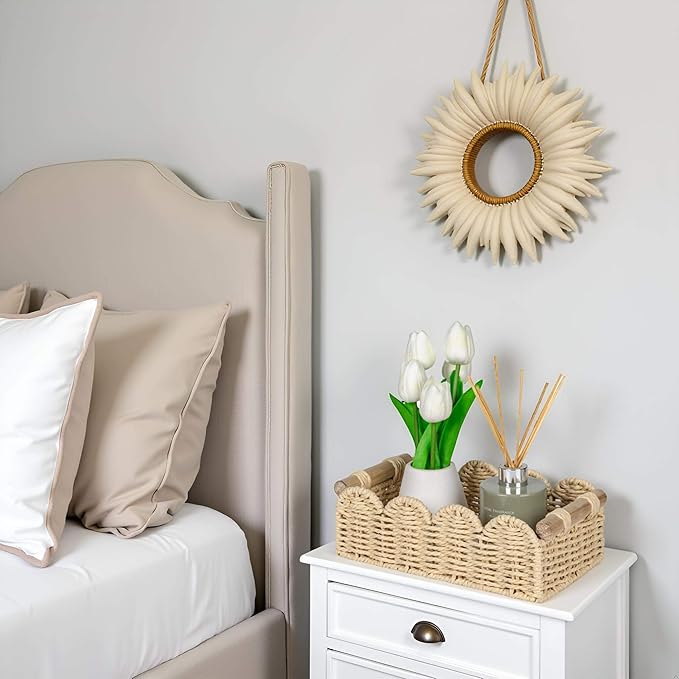 CubesLand Scalloped Edge Decor Baskets for Home, Living Room, Toilet Paper Storage Basket for Over Toilet Shelf, End Table,Shelves and More, Small Paper Rope Baskets Both Storage&Decor, Set 2 Beige