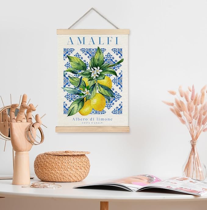Yomisex Italian Amalfi Coast Lemon Wall Art Poster, Blue and White Floral Mediterranean Tiles Lemons Tree Canvas Prints Wall Art Framed for Home Kitchen Dining Room Decor, 12x16 Inch