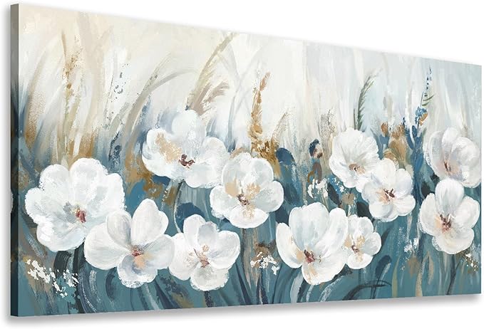 NINEASO Flowers Canvas Wall Art - White Flowers Pictures Abstract Floral Wall Decor Navy Blue Reed Botanical Painting Print Artwork for Living Room Bedroom Home Office Decorations 20" x 40"