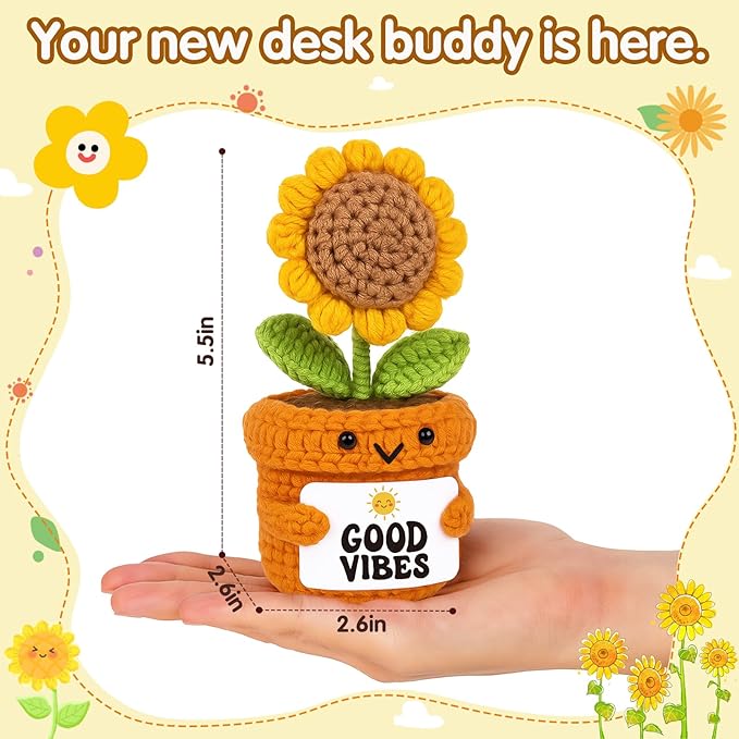 Crochet Sunflower Desk Gift – Good Vibes Affirmation Plush – Positive Energy Decor for Coworker, Teacher, Friend, Employee,– Motivational Pick-Me-Up for Women, Men