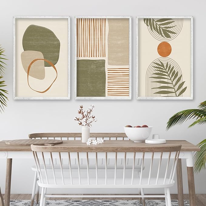 Boho Geometric Green Polygon Tropical Leaves Illustrations Wall Art 16"x24" Wood Set Of 3 Framed Abstract Shapes Sign Modren Living Room Bedroom Office Neutral Print Wall Hang Decor (White)