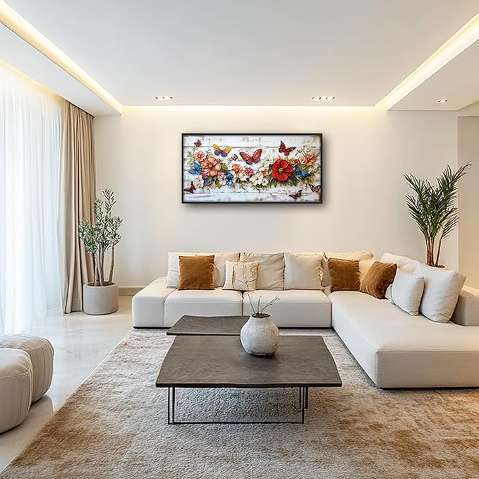 Olivine Flower Large Wall Art, Butterfly Pictures Wall Decor, Boho Painting, Rustic Wood Grain Canvas Prints, Framed Artwork for Dining Room Living Room Bedroom Bathroom Office Home Decor 60"x30"